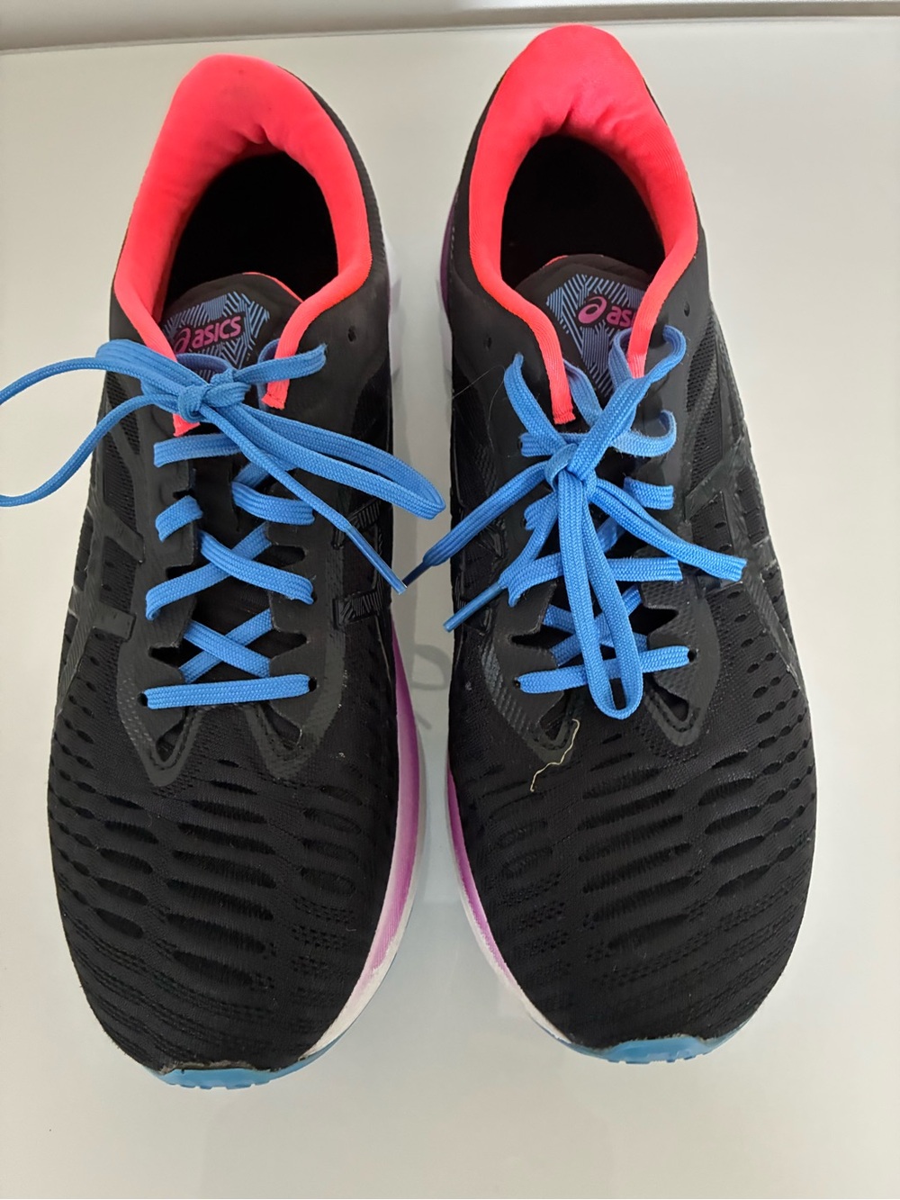 ASICS Women’s Black Running Shoes with Pink Collar and Blue Laces